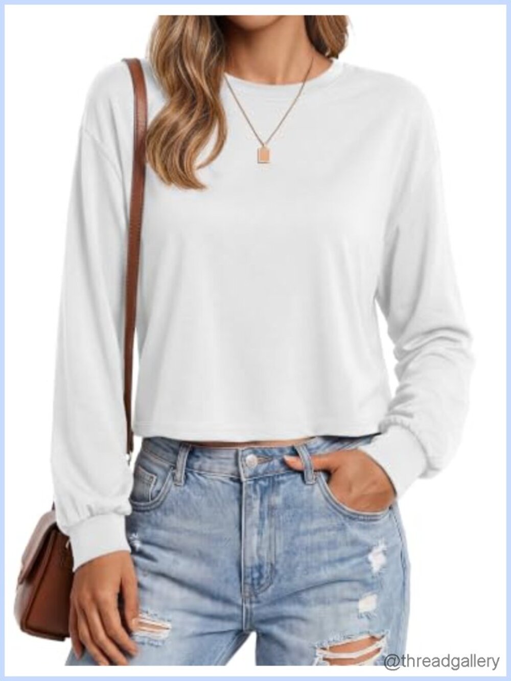 Cotton Rayon Polyester Blend Crop Crewneck Long Sleeve Top